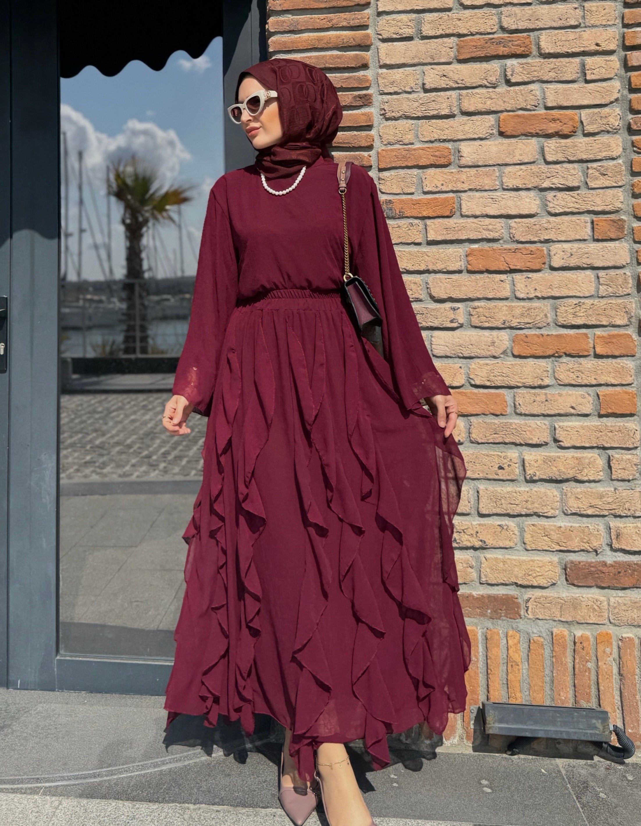 Perla etekli takım- bordo