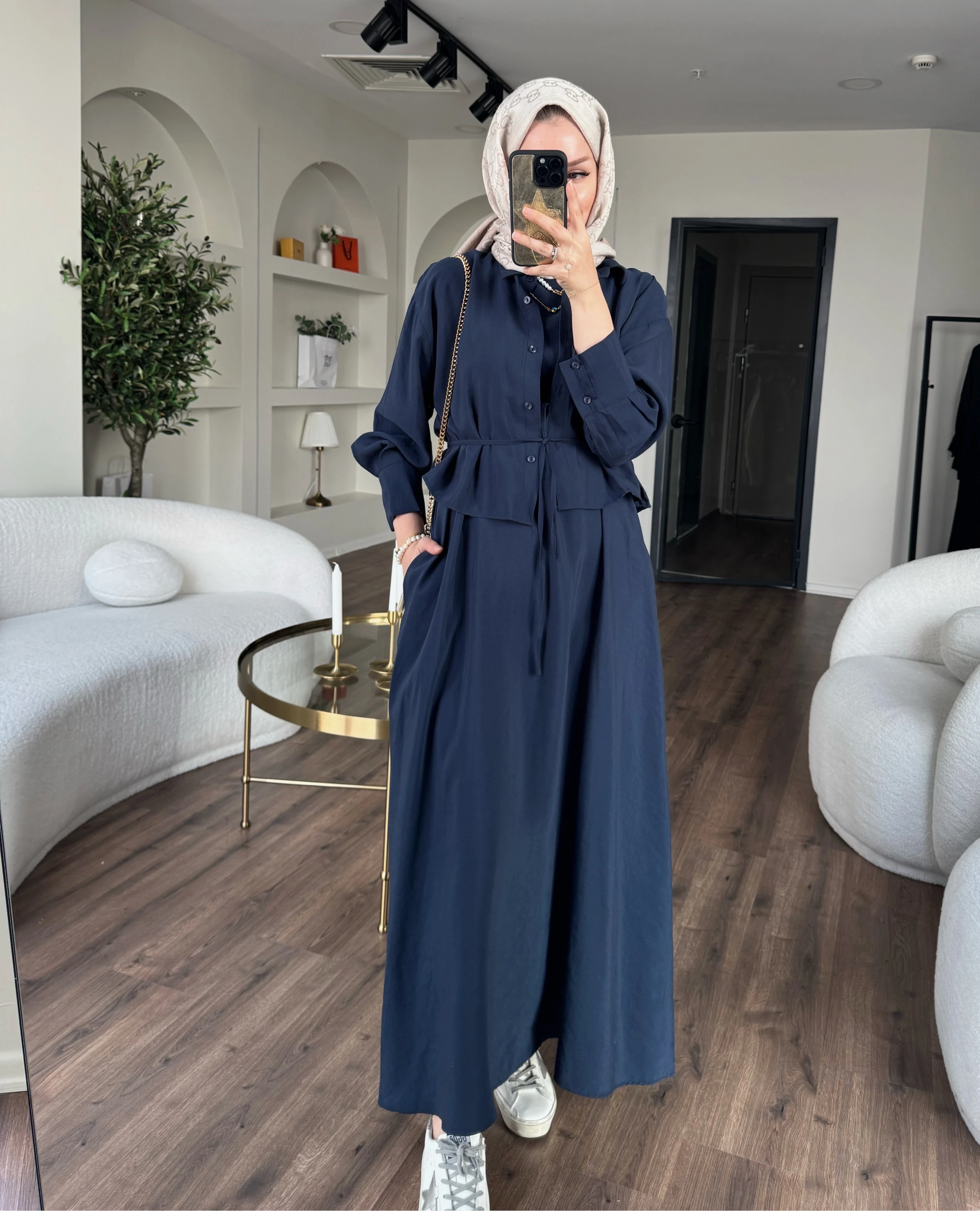 Laren gömlekli elbise - lacivert 