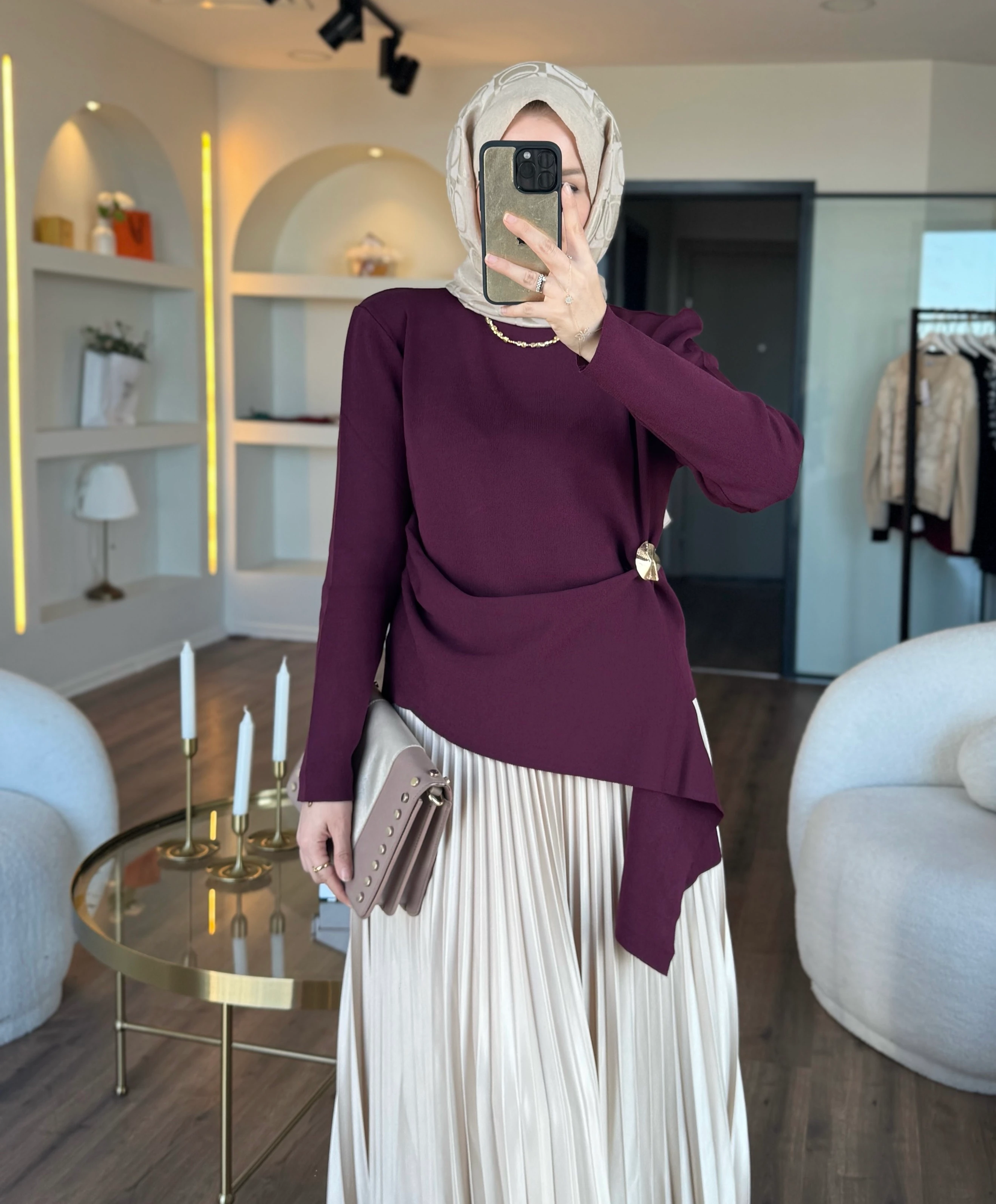 Broş detaylı merserize kazak - mürdüm