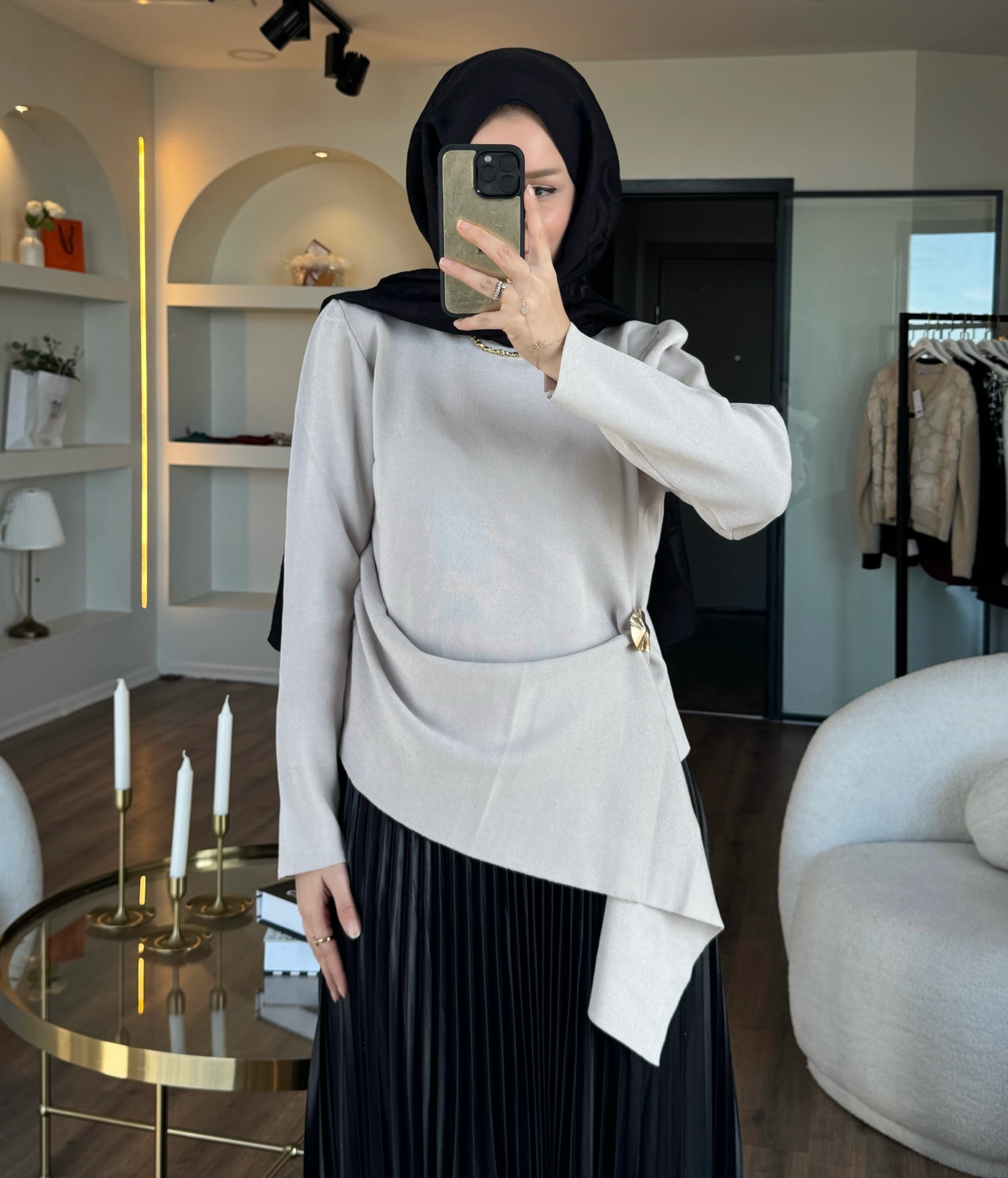 Broş detaylı merserize kazak - taş 