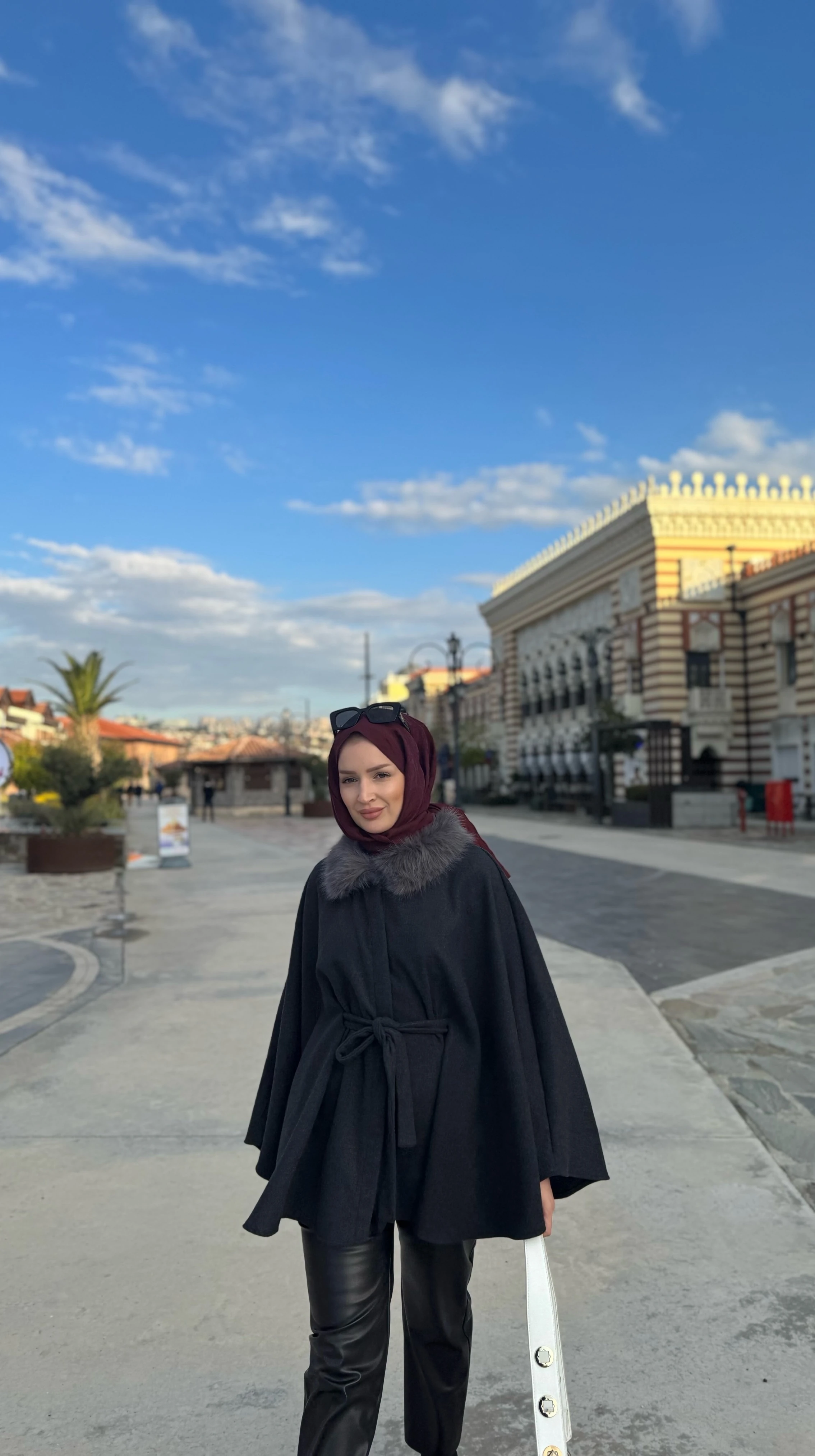 Kürk yaka panço - antrasit 