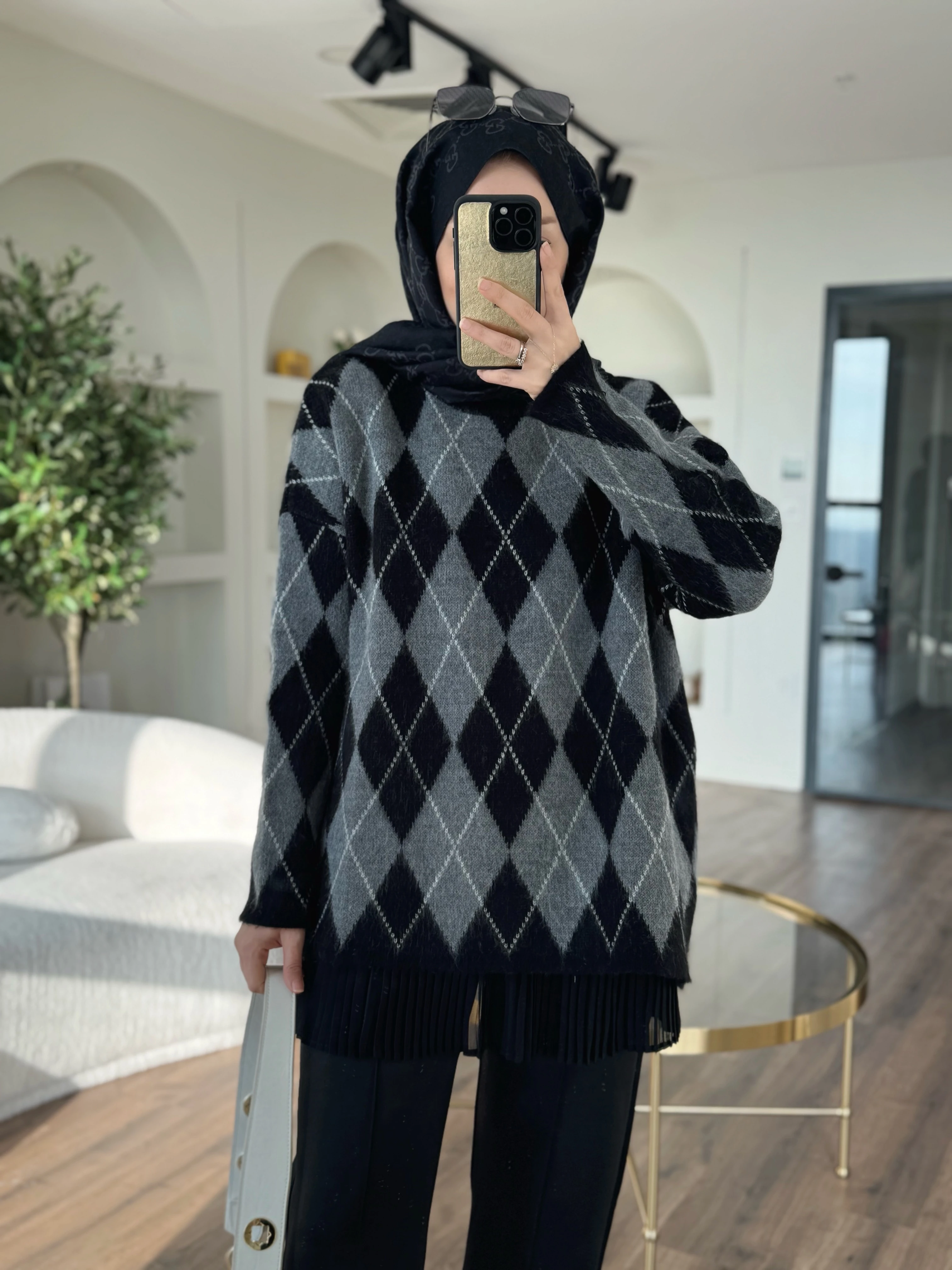 Baklava desen triko kazak- siyah