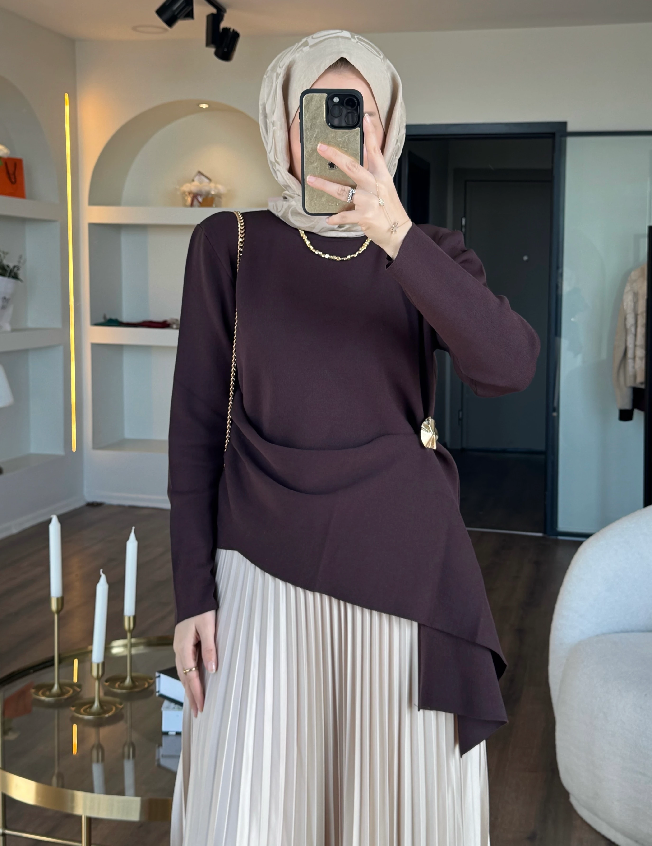 Broş detaylı merserize kazak - kahverengi