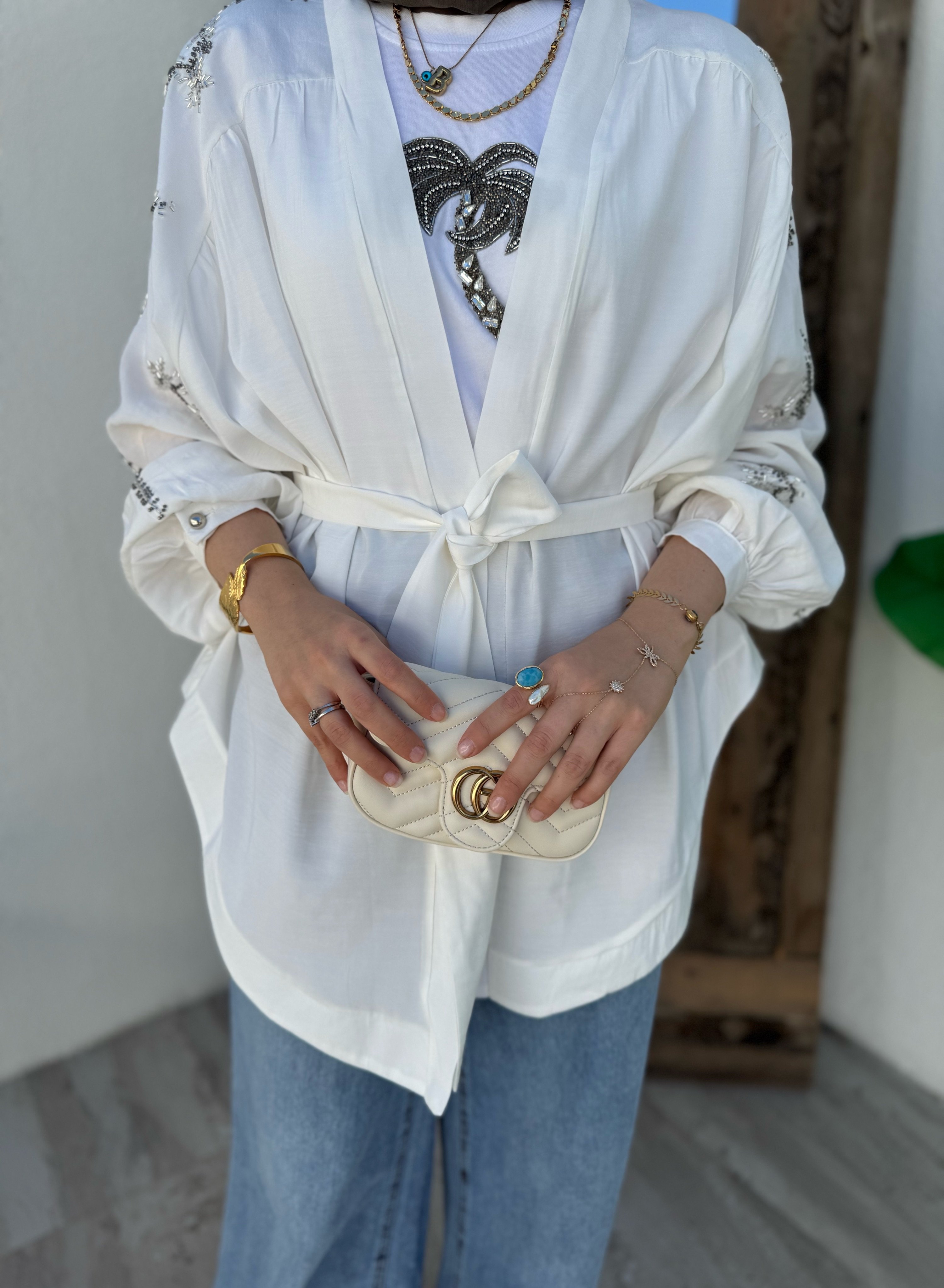 Nakışlı Kimono - beyaz 