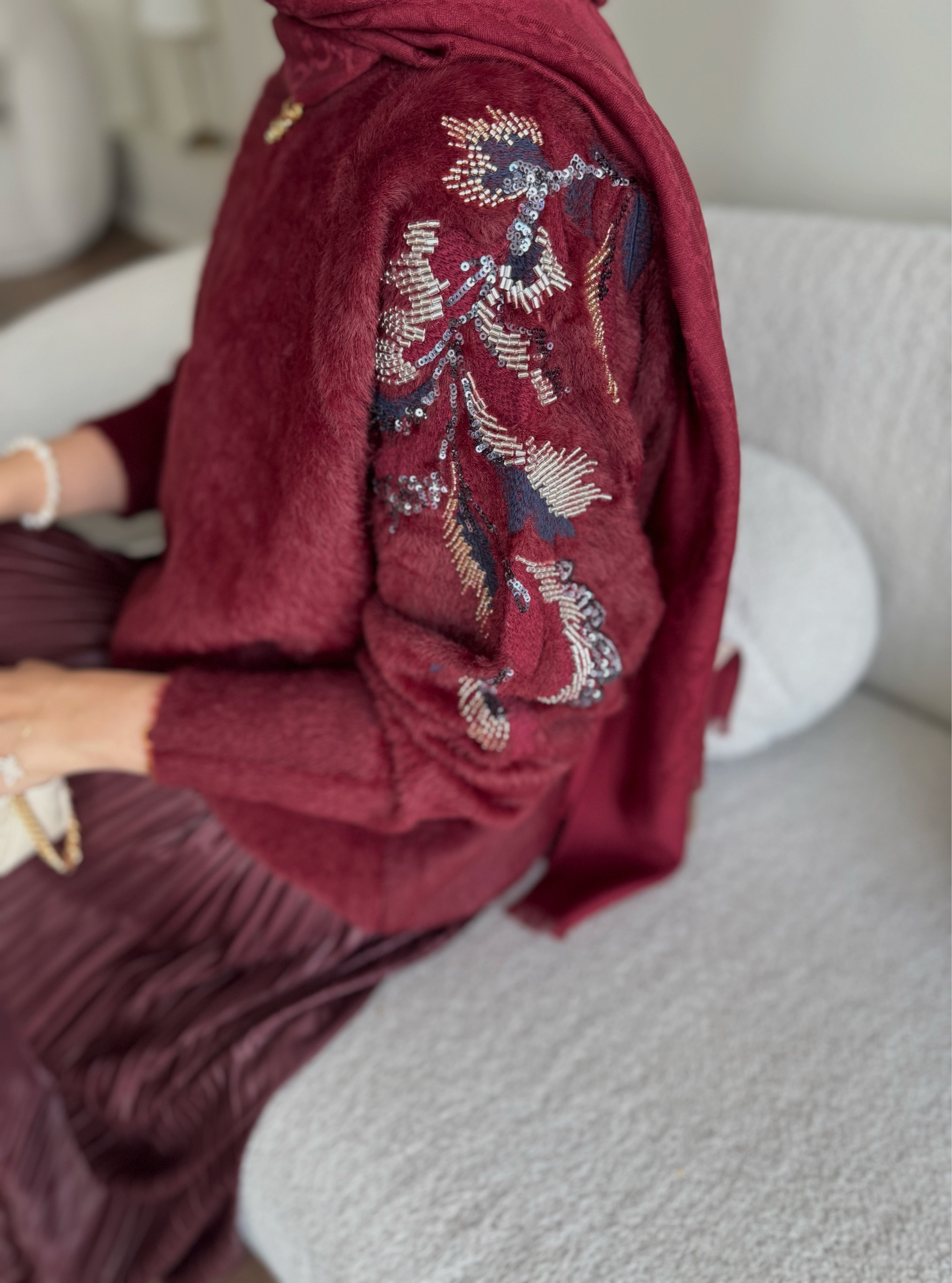 İşlemeli angora kazak - bordo 
