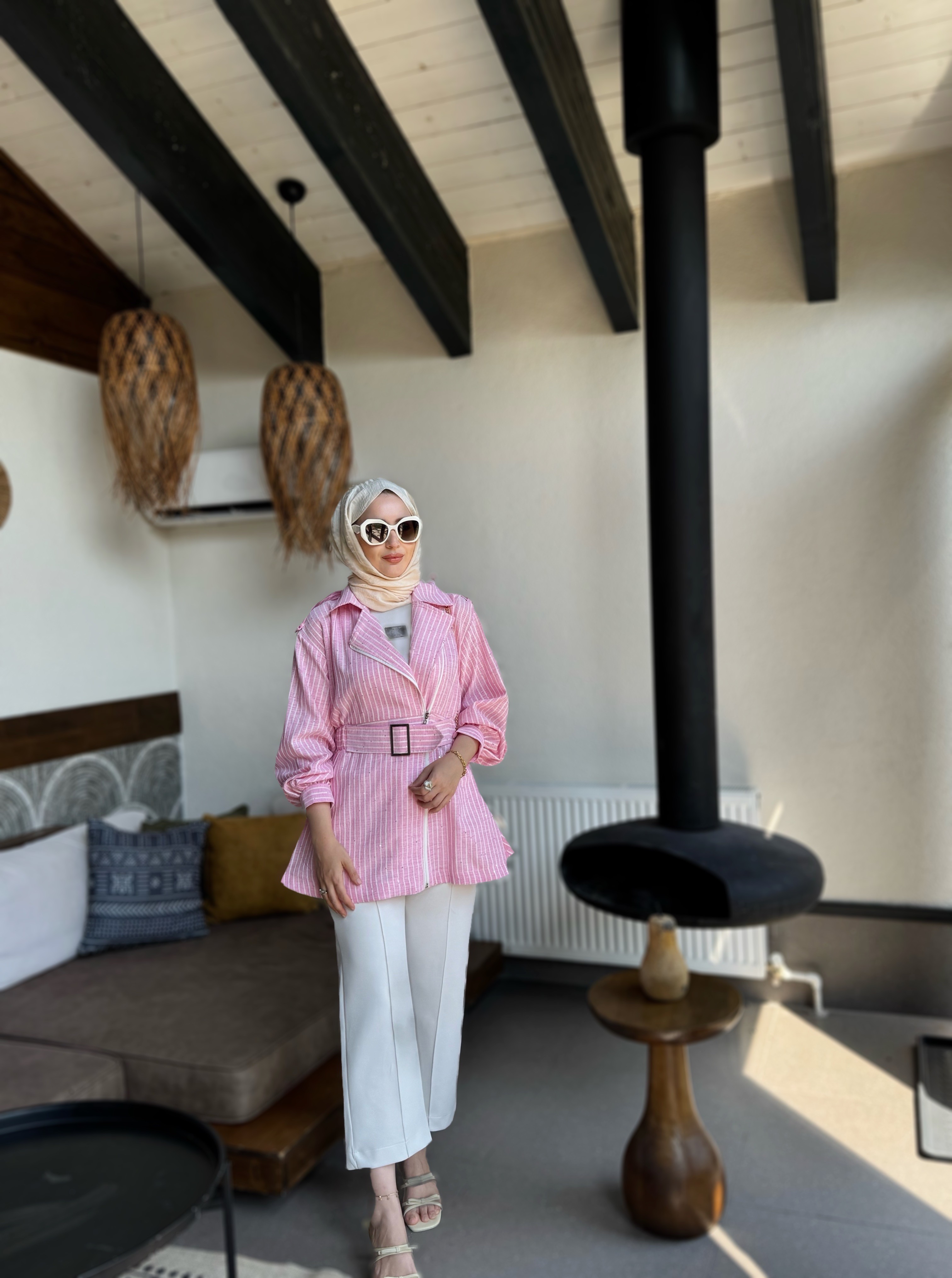 Keten pullu ceket - pembe