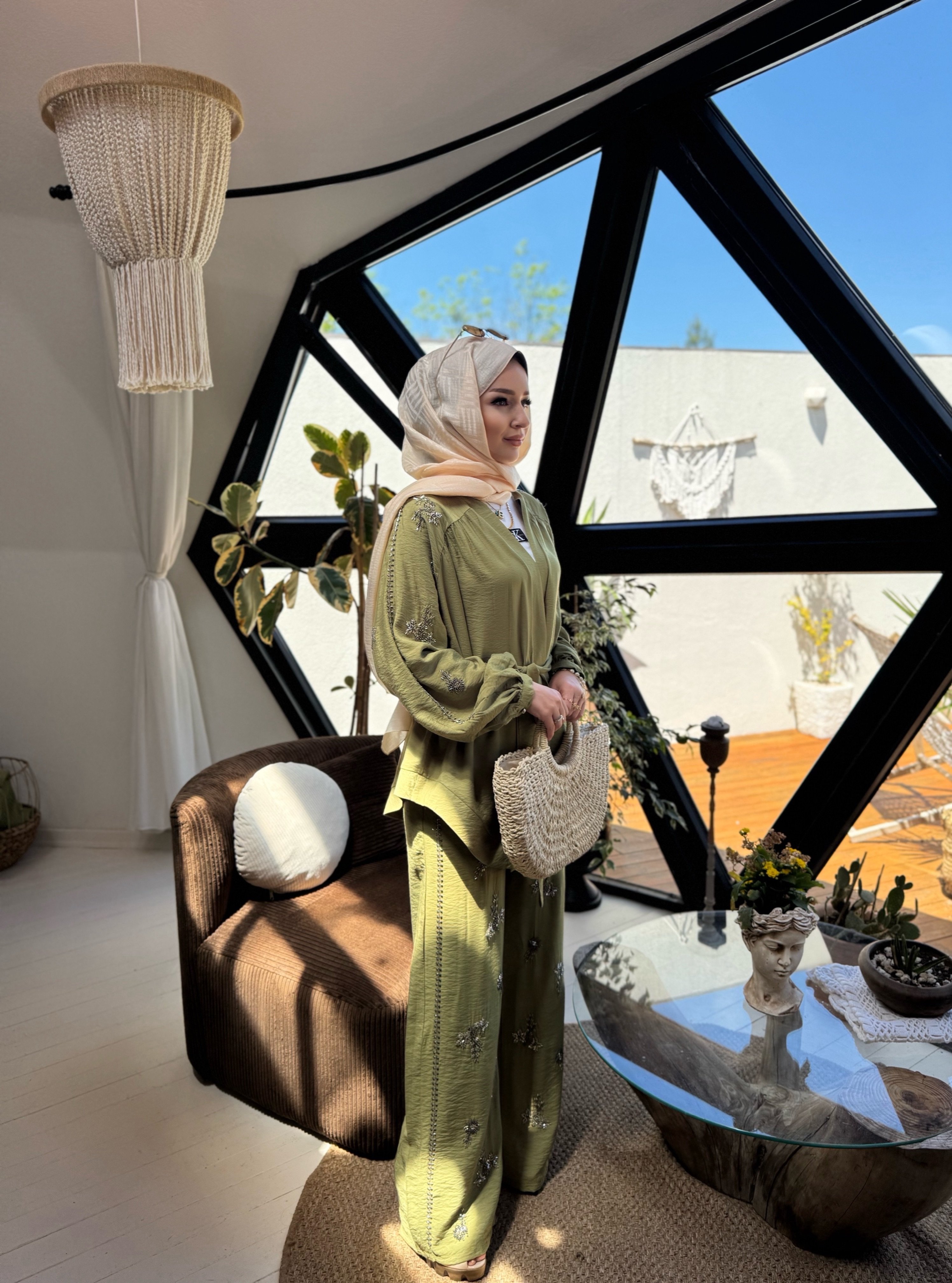İşlemeli Kimono Takım - Yağ yeşili 