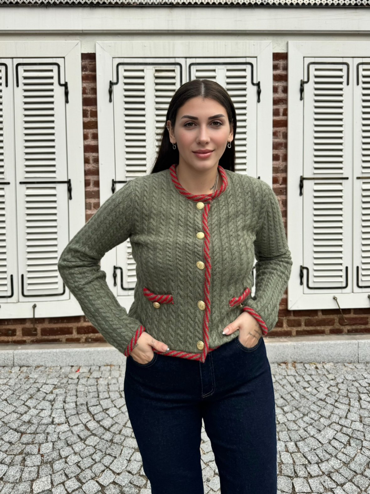 CO146 Yeşil Kırmızı Yün Hırka