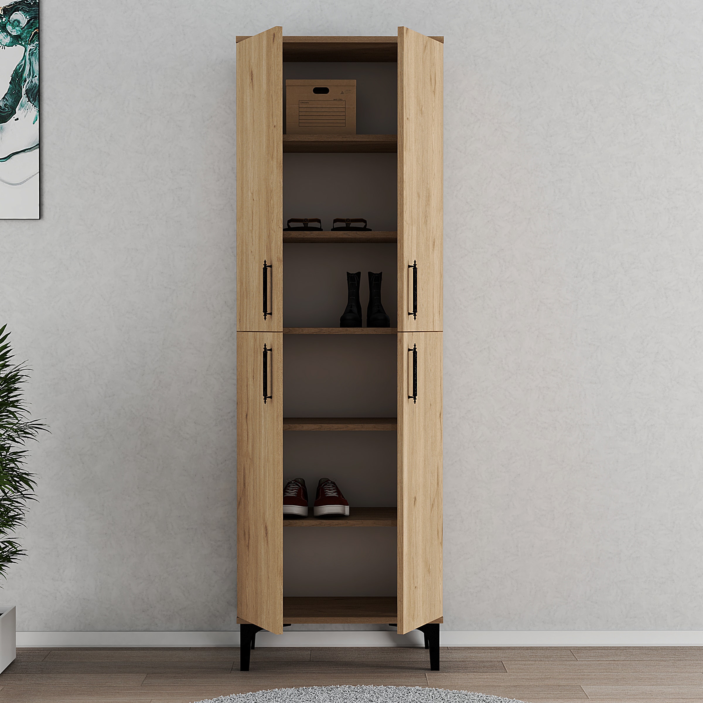 4 Kapak 6 Bölmeli Ayakkabılık Full Ceviz