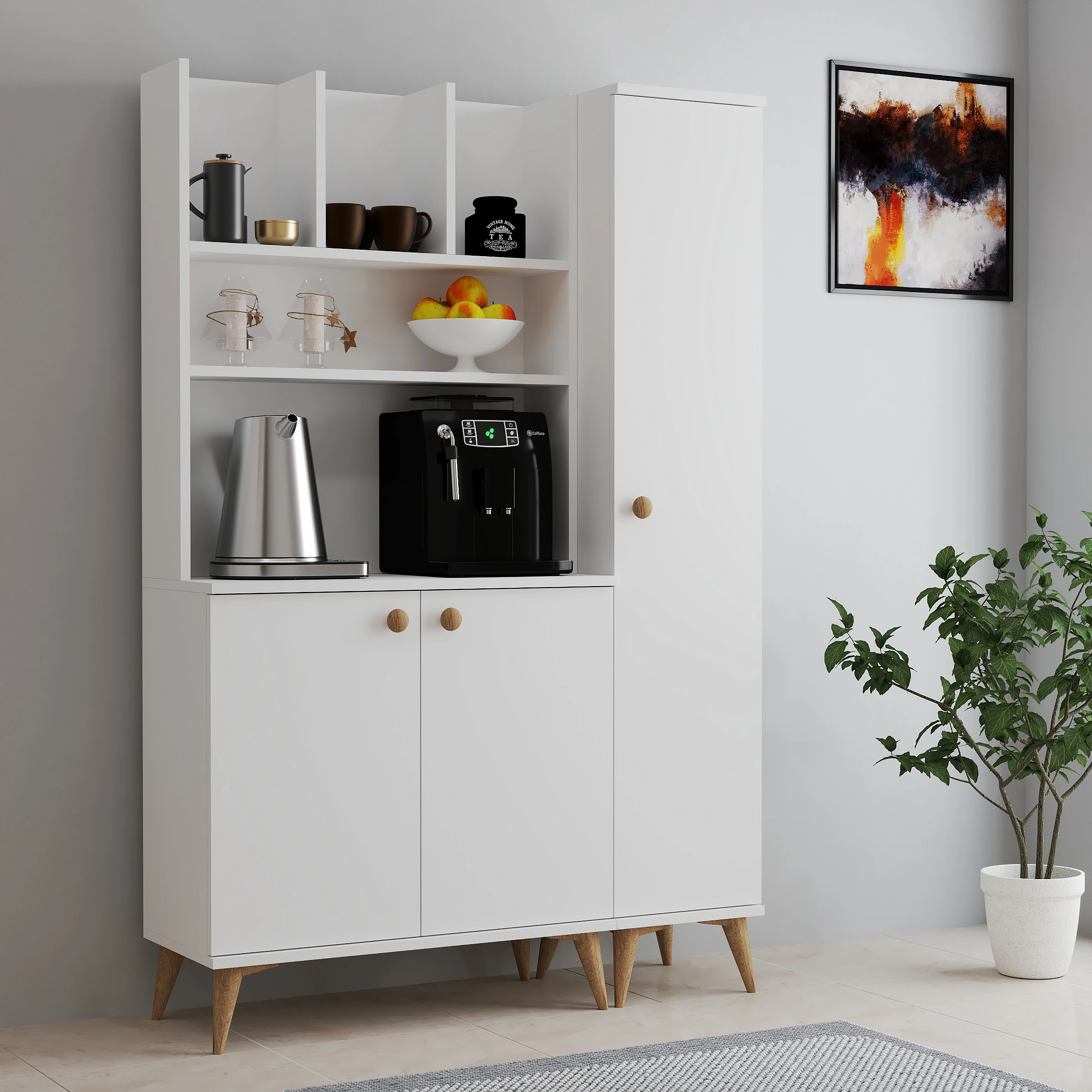 FERNISO Modern Ahşap Tasarım Dolaplı Kahve Köşesi Takım