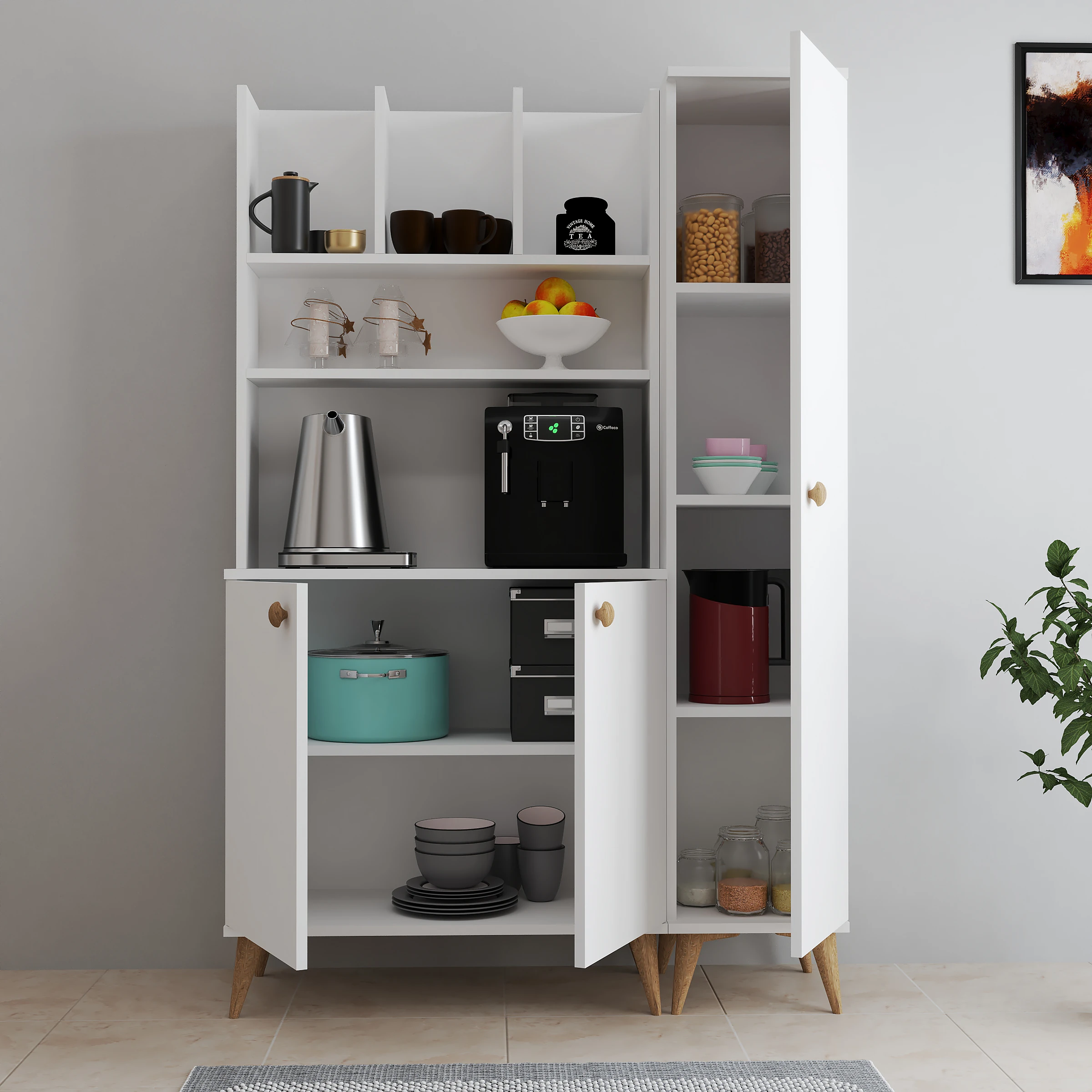 FERNISO Modern Ahşap Tasarım Dolaplı Kahve Köşesi Takım