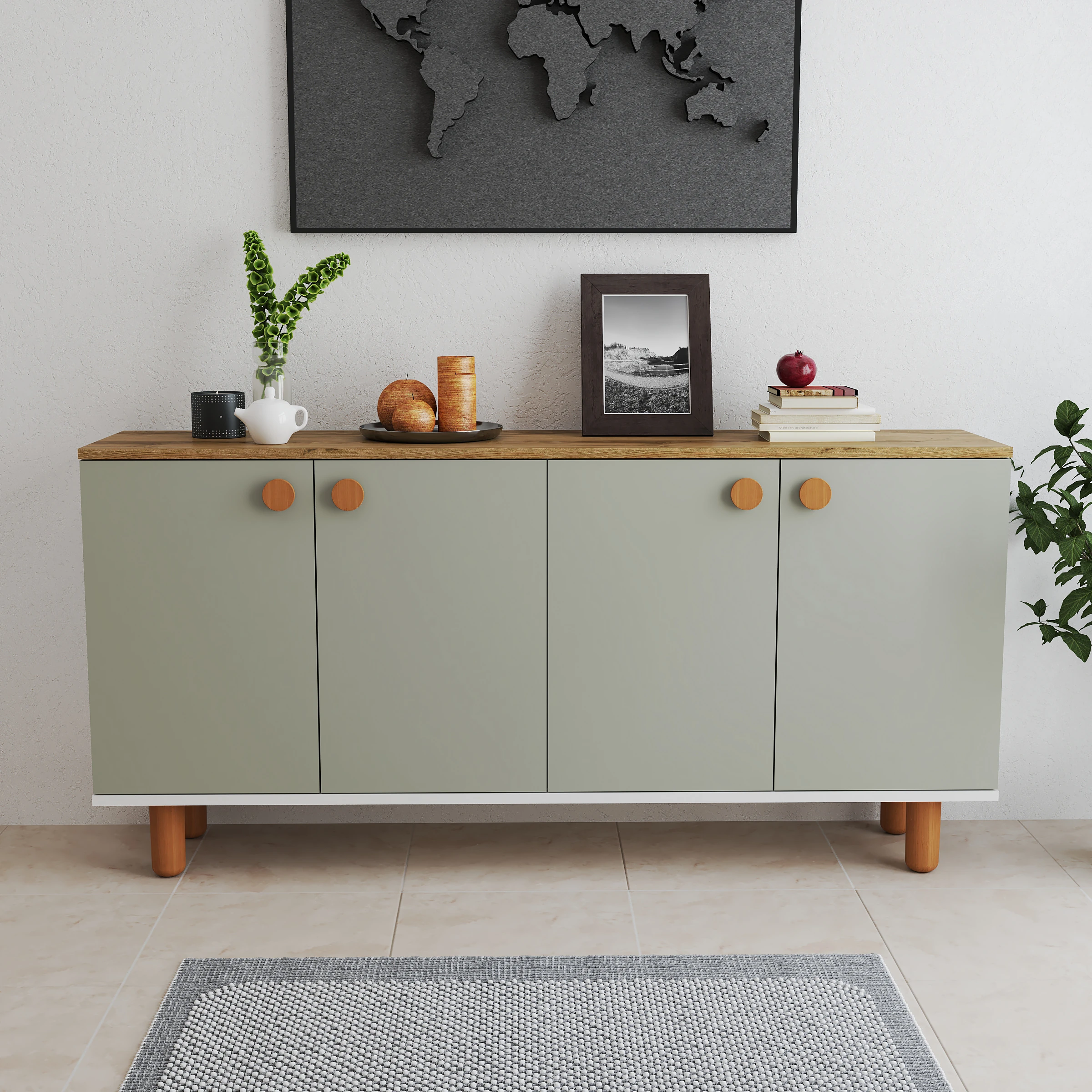 Bohem konsol 160 cm kasa beyaz üst ceviz kapaklar yeşil
