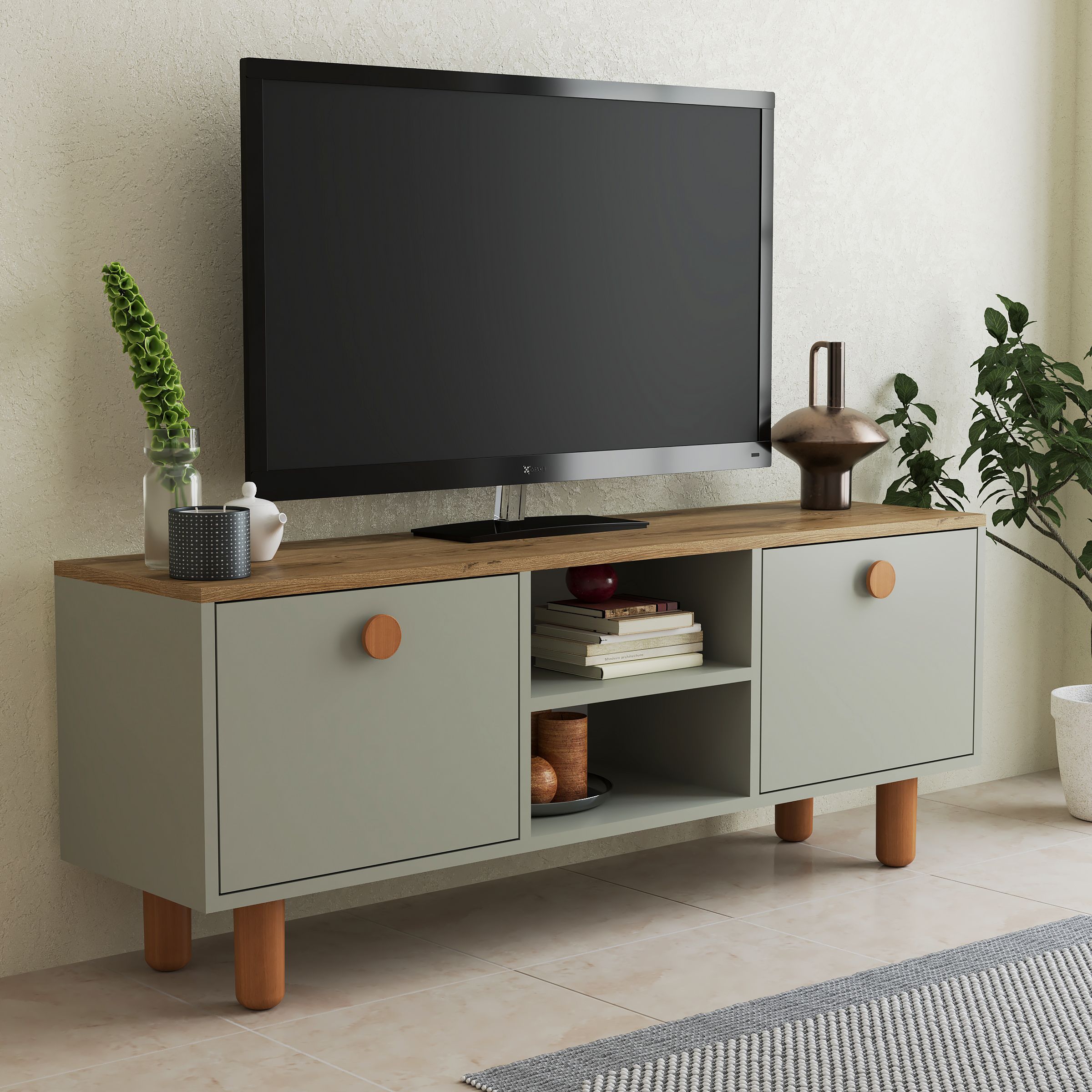 Bohem Tv Ünitesi 138 cm Full Yeşil üst Ceviz
