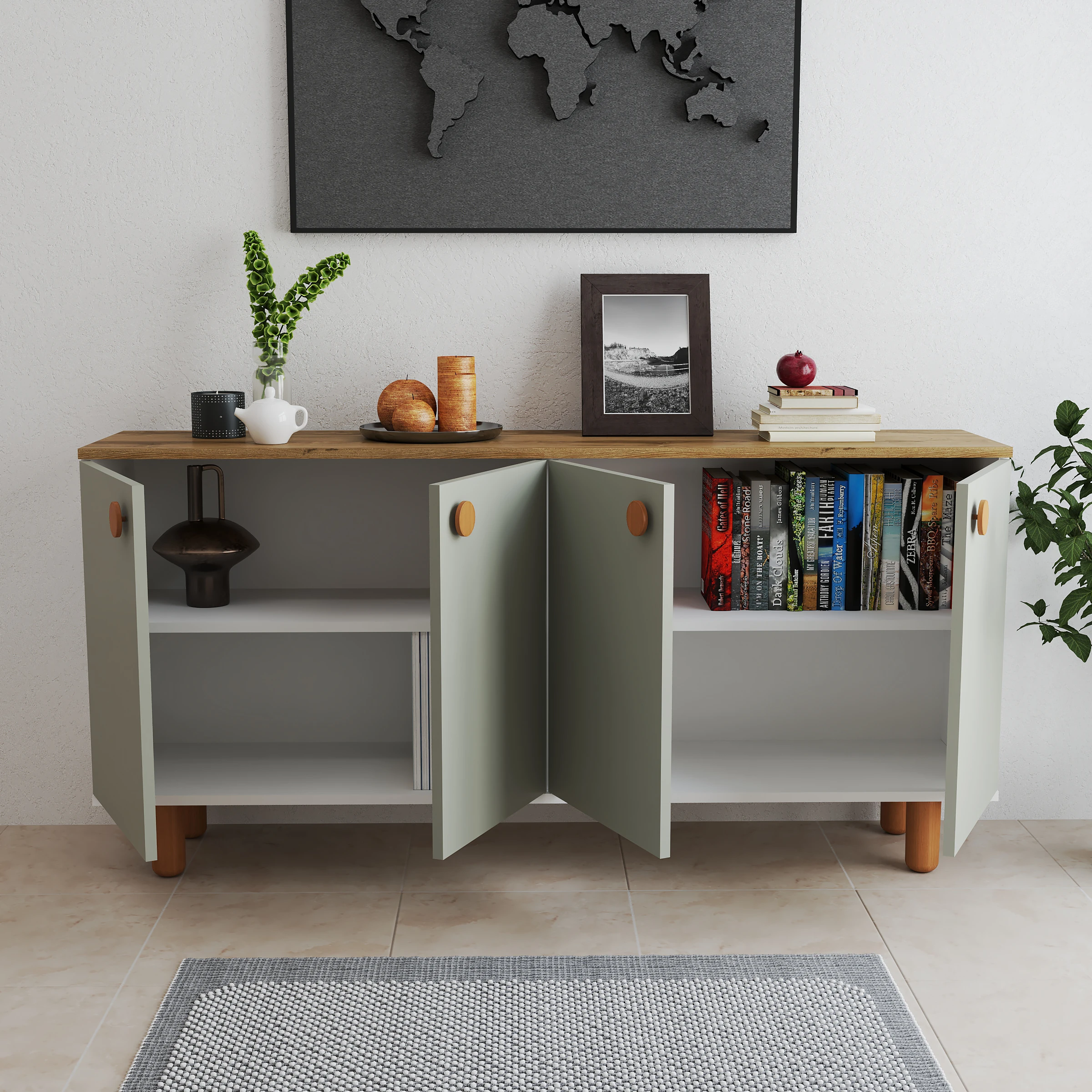 Bohem konsol 160 cm kasa beyaz üst ceviz kapaklar yeşil