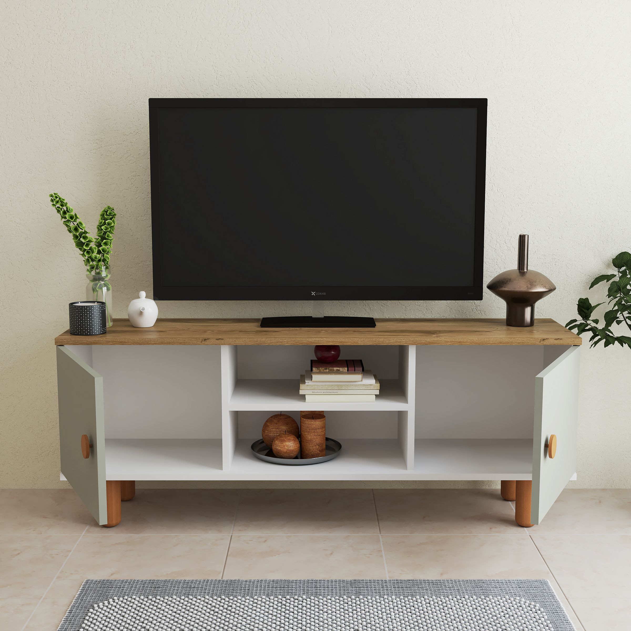 Bohem Tv Ünite 138 Cm Kasa beyaz Üst ceviz Kapak Yeşil