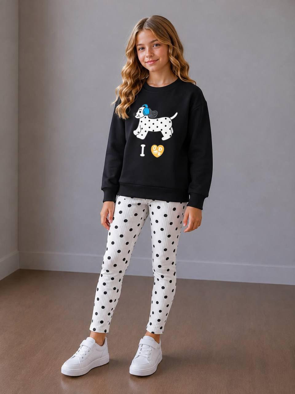 Kız Çocuk Siyah Köpek Baskılı Sweatshirt ve Puantiyeli Beyaz Alt Kombin İkili Takım