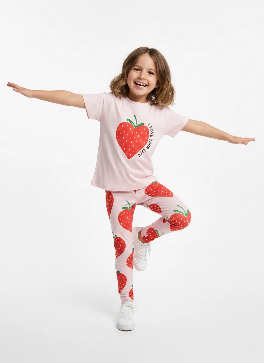 Kız Çocuk Pembe Çilek Baskılı T-shirt ve Çilek Desenli Tayt İkili Takım