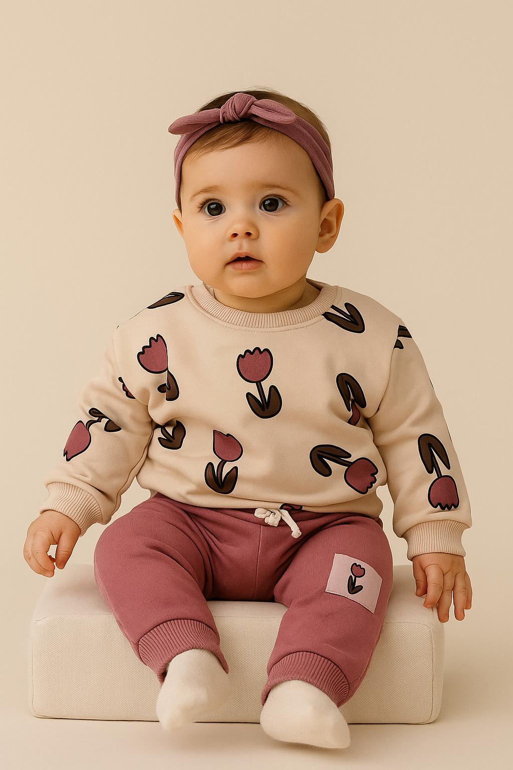 Kız Bebek Lale Baskılı Sweatshirt & Eşofman Alt Takım