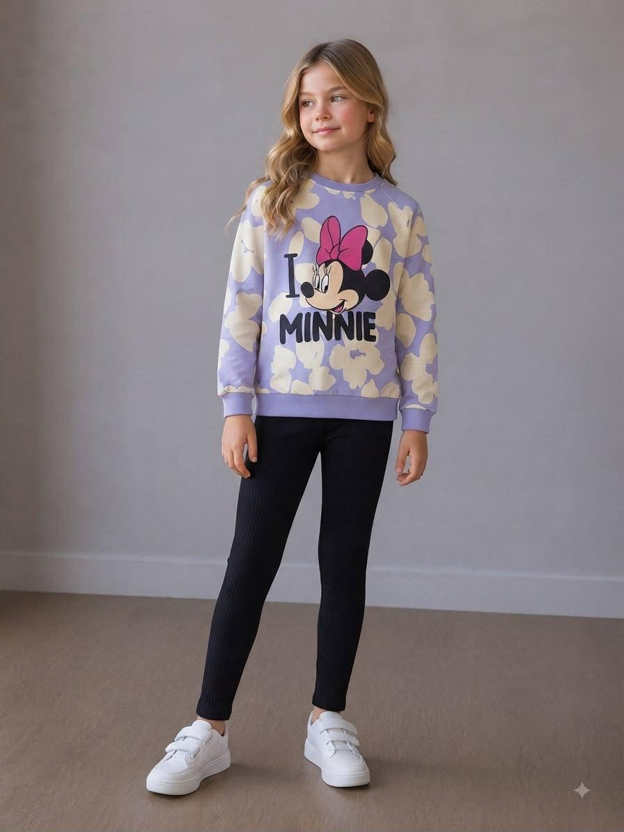 Kız Çocuk Lila Çiçek Desenli Minnie Mouse Baskılı Sweatshirt ve Siyah Tayt İkili Takım