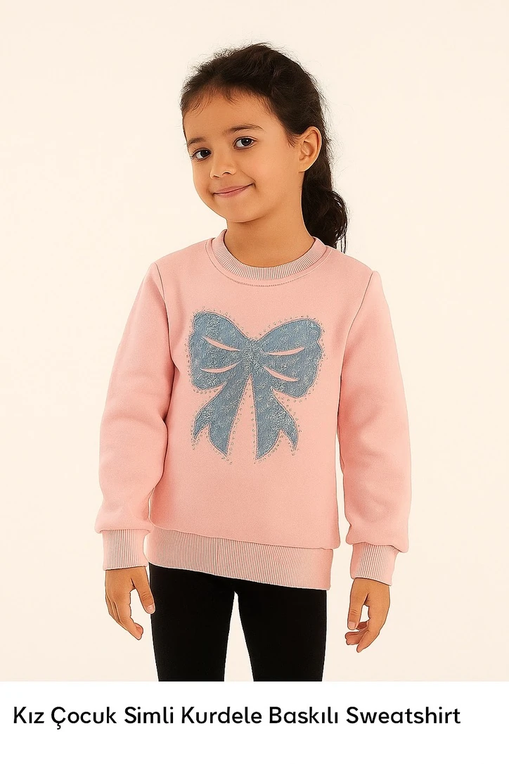KIZ ÇOCUK SİMLİ KURDELE BASKILI SWEATSHİRT