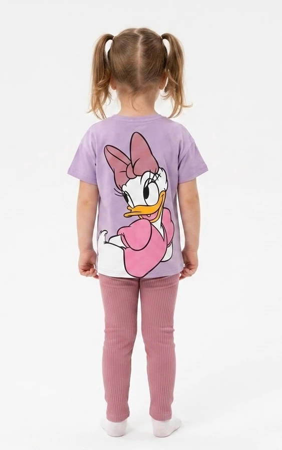 Daisy Duck Baskılı Lila Tişört ve Fitilli Taytlı Sırt Baskılı Kız Çocuk İkili Takım