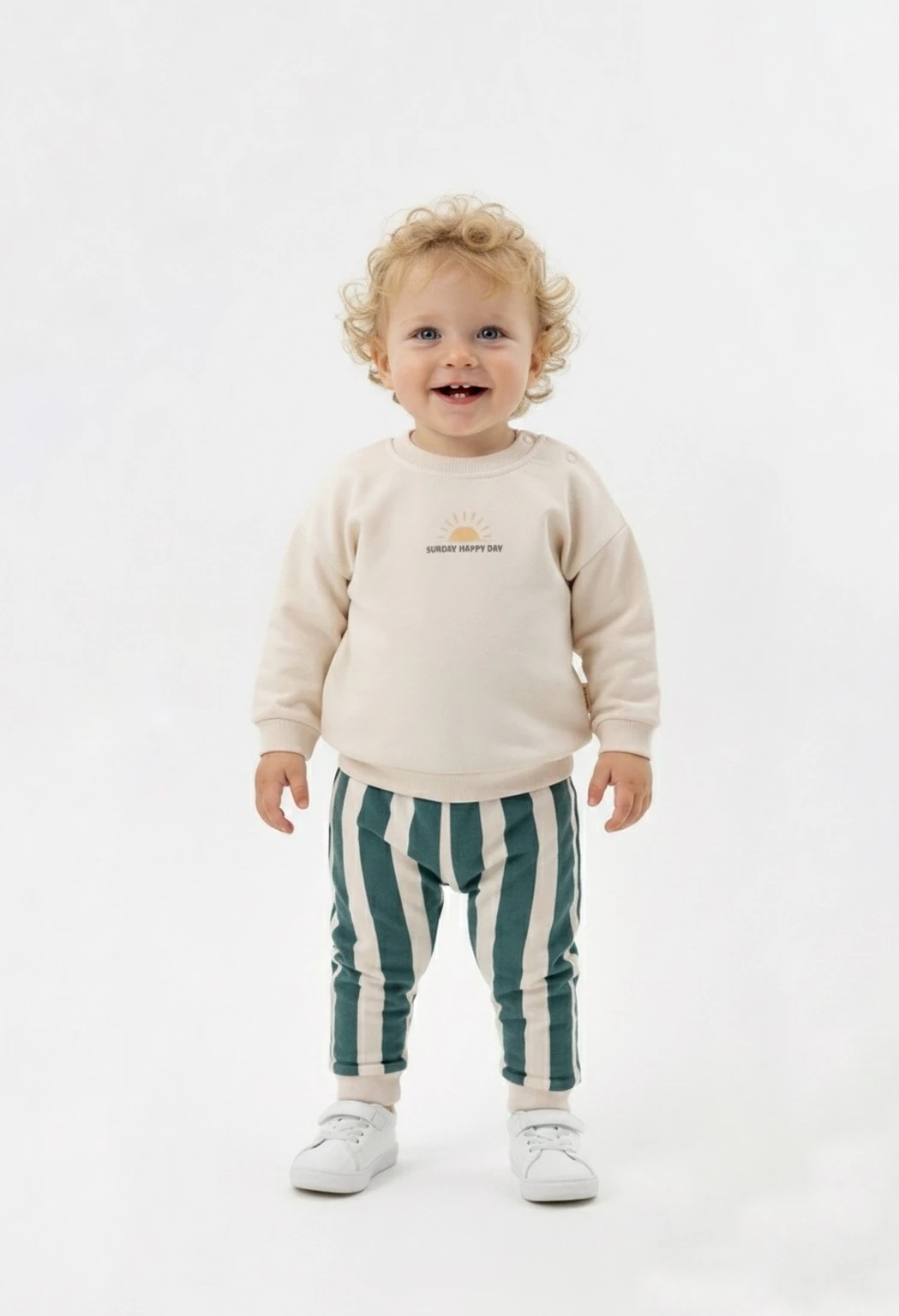Erkek Bebek "Sunday Happy Day" Baskılı Sweatshirt ve Çizgili Pantolon Takımı