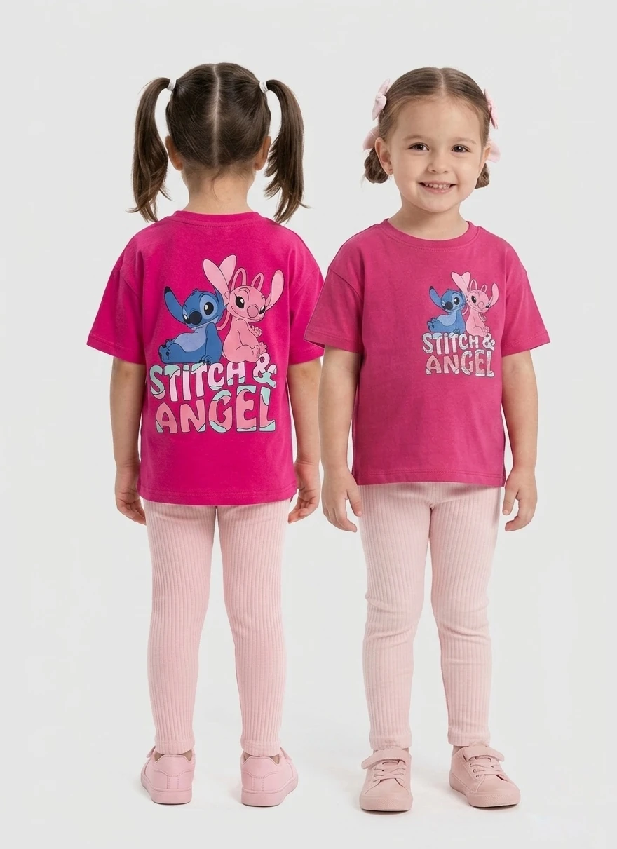 Stitch & Angel Baskılı Kız Çocuk Tişört ve Tayt İkili Takım