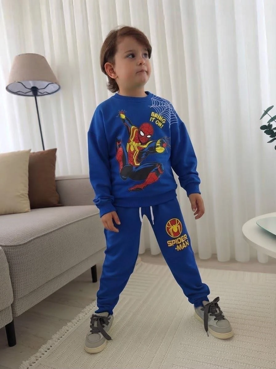 Spider-Man Baskılı Mavi Erkek Çocuk Sweatshirt ve Eşofman Takımı