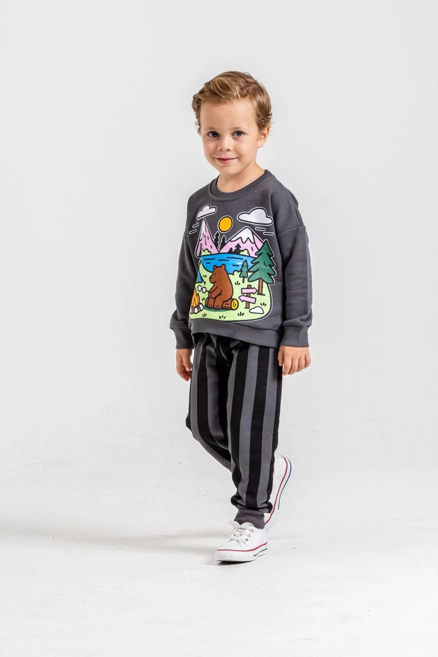 Erkek Çocuk Çizgili Pantolonlu ve Ayı Figürlü Sweatshirt Takım