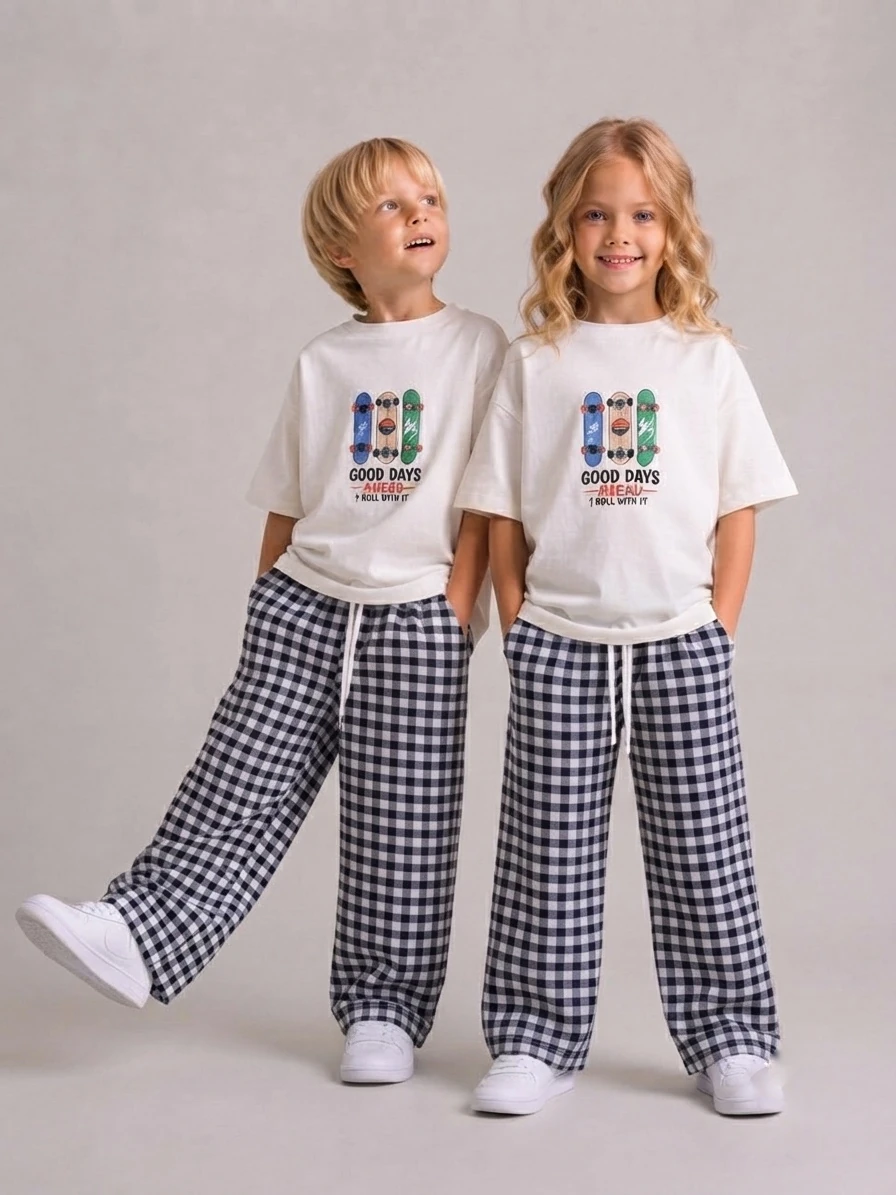 Unisex Çocuk Baskılı Tişört ve Wide Leg Pantolon