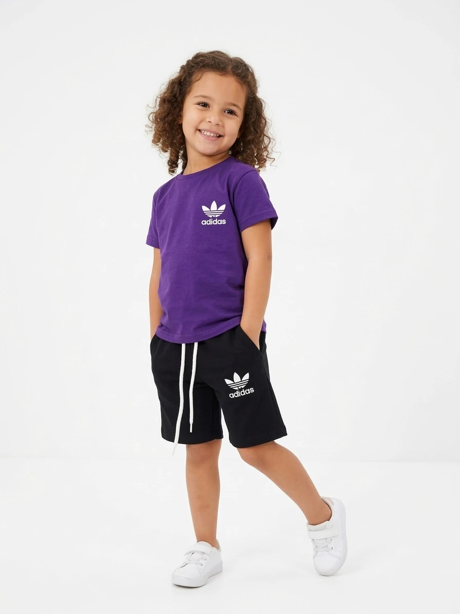 Kız Adidas Çocuk Mor Tişört ve Siyah Şort Takımı - Pamuklu Yazlık Set