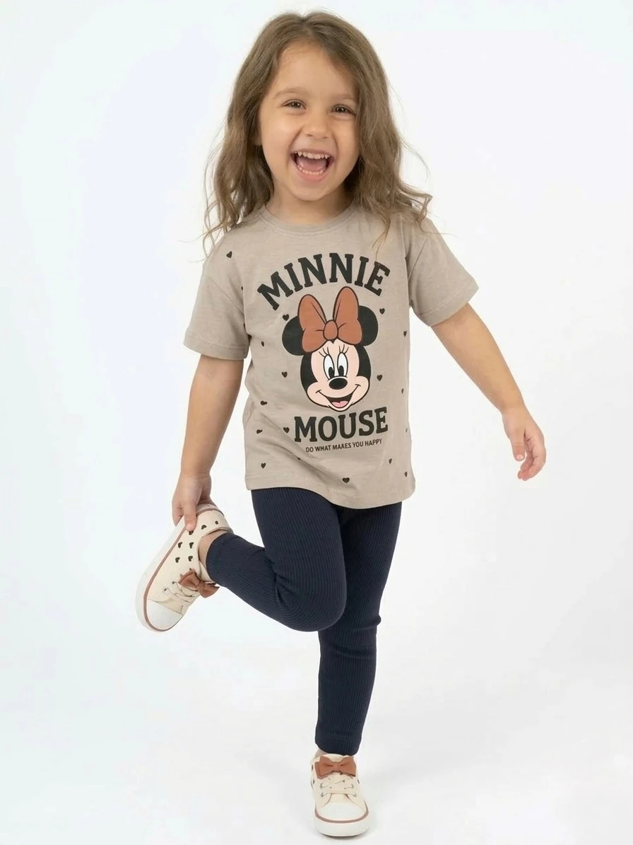 Kız Çocuk Minnie Mouse Baskılı Bej Tişört ve Fitilli Lacivert Tayt Takım