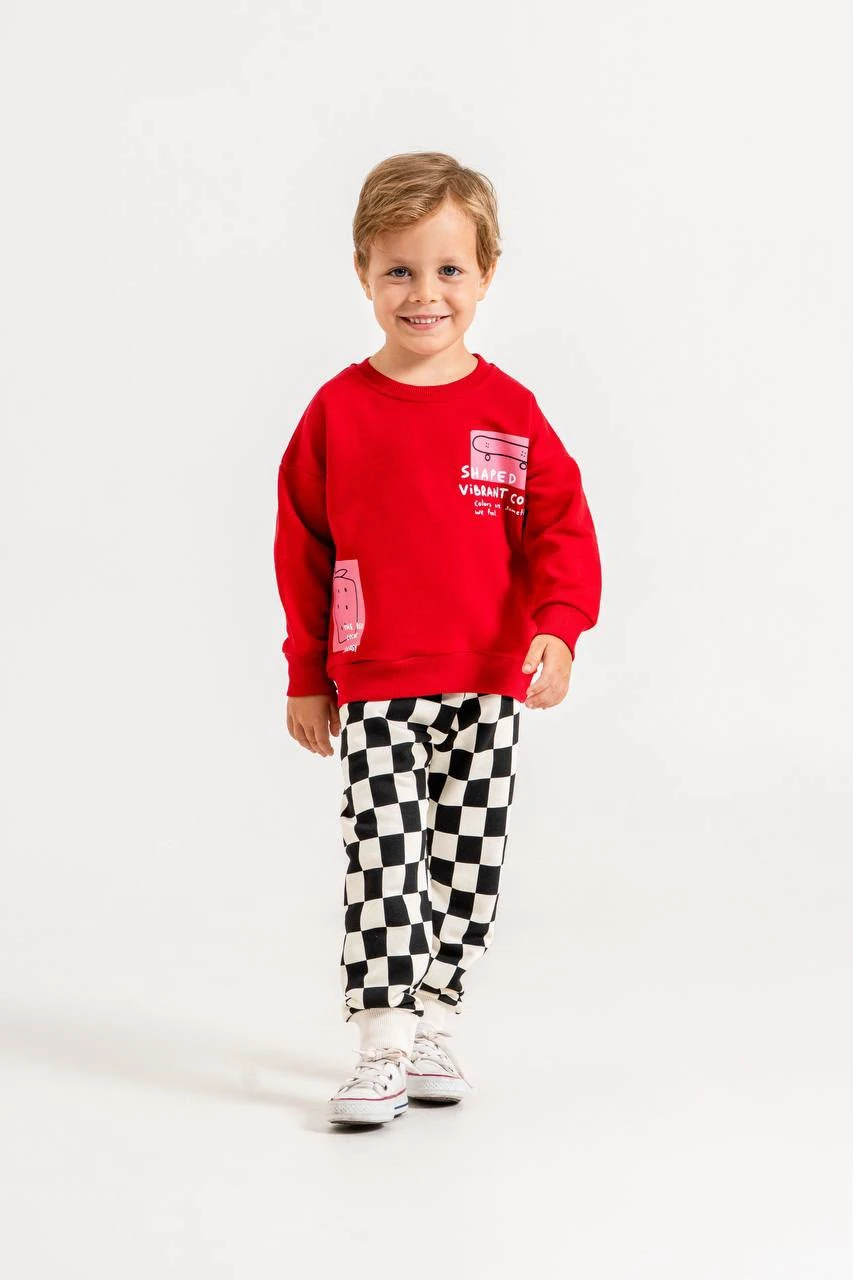 Uniseks Çocuk Damalı Pantolonlu Kırmızı Sweatshirt Takım