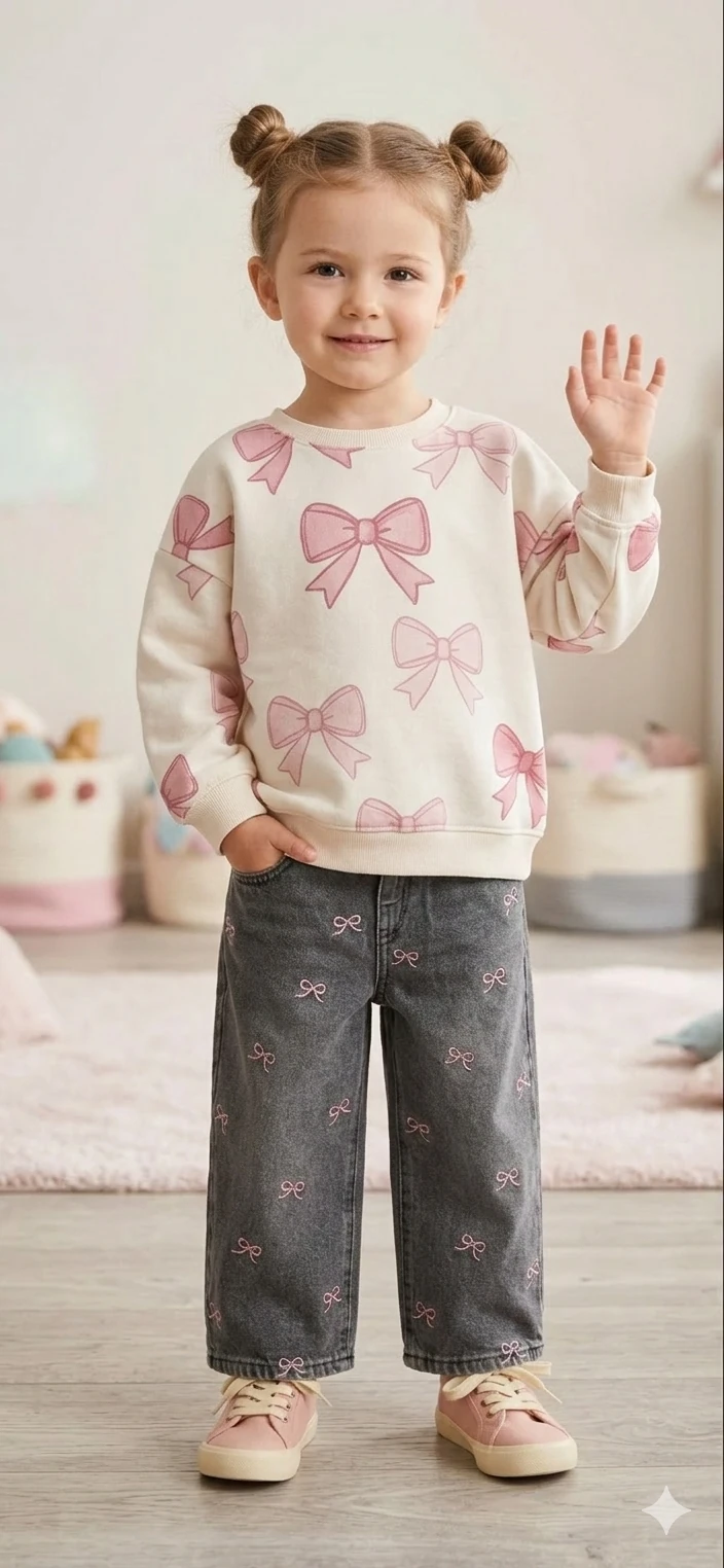 Pembe Fiyonk Nakışlı Antrasit Wide-Leg Jean