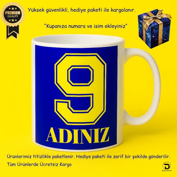Sarı-Lacivert  Boğa Baskılı Taraftar Kupası – Kişiye Özel İsim & Numara-Hediye Paketli 