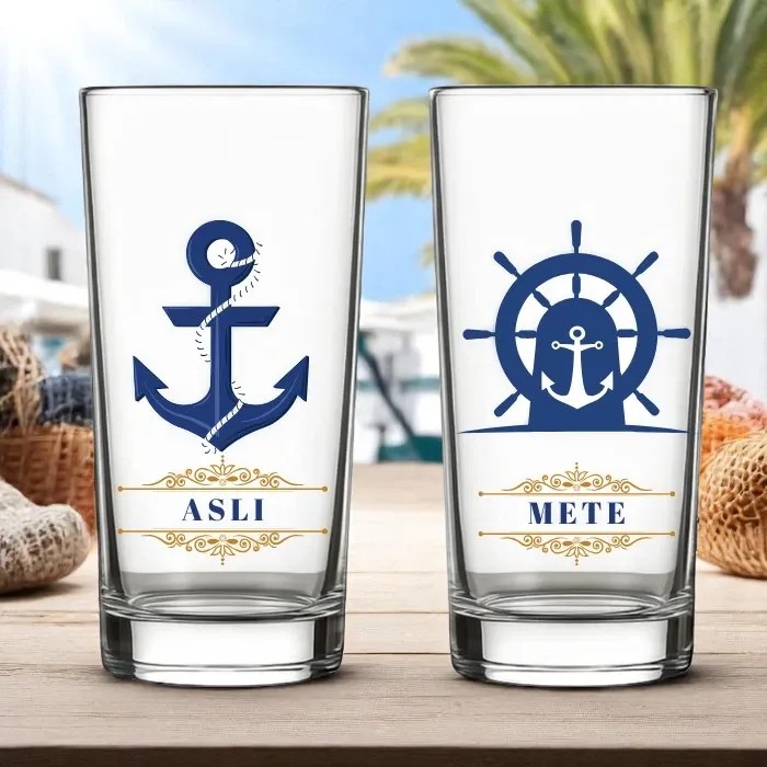 İsme Özel Çapalı Dümenli İkili Rakı Bardağı – Desinovas