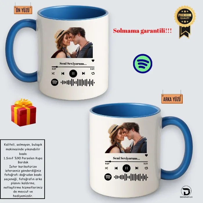 Spotify Kodlu Mavi Kupa Bardak – Hediye Paketli, Full HD Baskı & Solmama Garantili