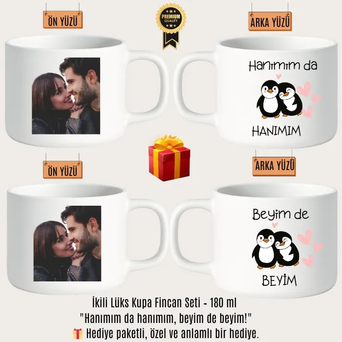 İkili Lüks Kupa Fincan Seti 180 ml – Hanımım da Hanımım, Beyim de Beyim | Hediye Paketli