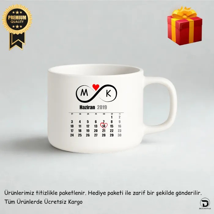 Sevgililere Özel Takvimli Fotoğraflı Lüks Kupa Fincan Beyaz – Hediye Paketli