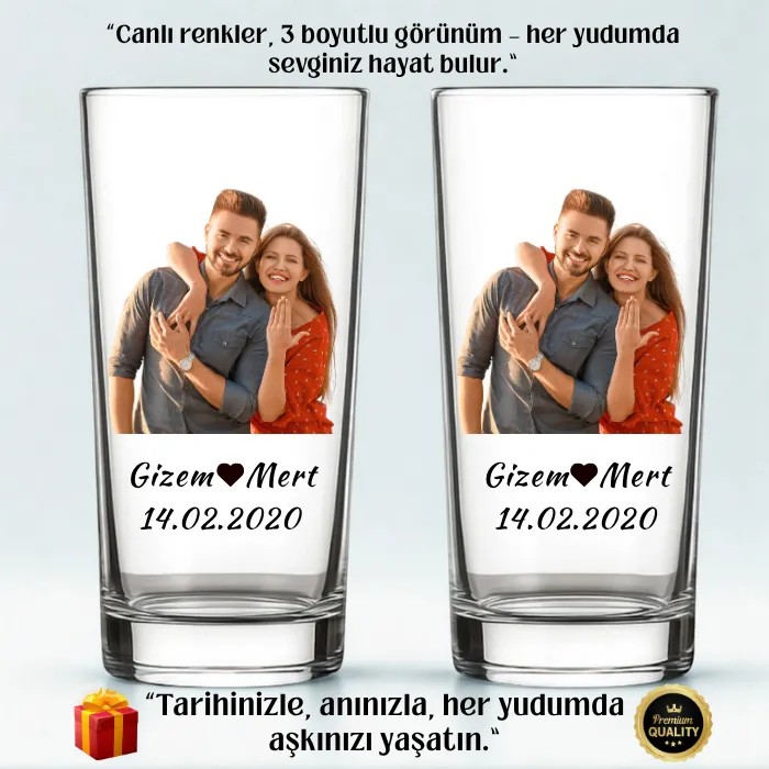 Sevgililere Özel Fotoğraflı Tarihli 3D Görünümlü Renkli Full HD Baskılı İkili Rakı Bardağı
