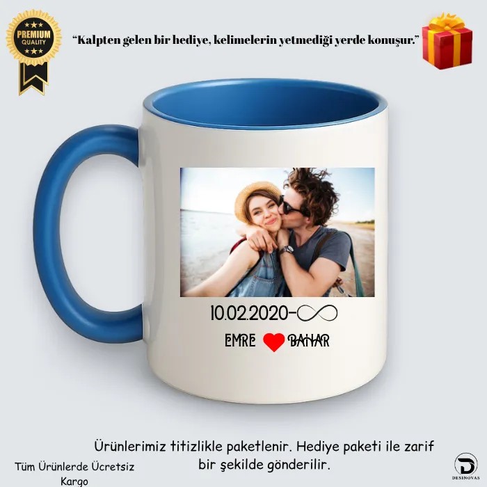 Fotoğraflı İsimli Tarihli Mavi Kupa Bardak – Hediye Paketli, Solmaz Baskı