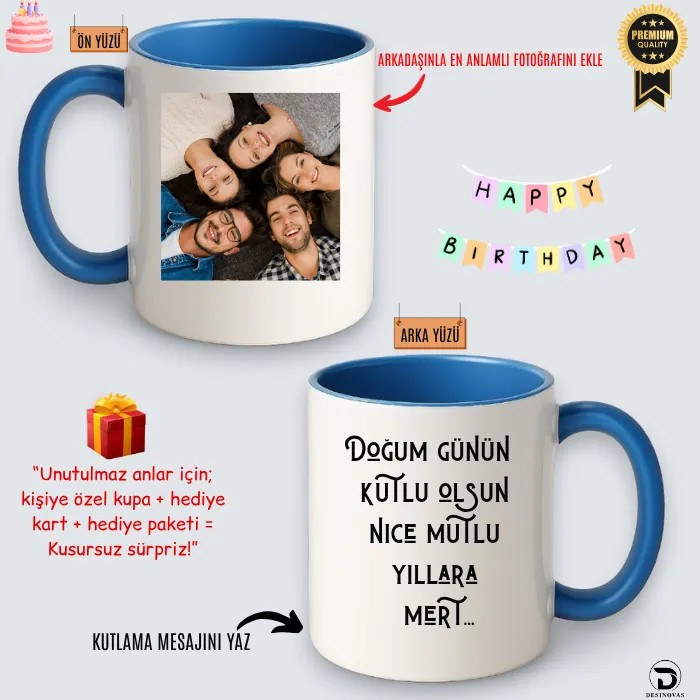 Mavi Kulplu & Mavi İçli Kişiye Özel Doğum Günü Kupası | Gift Kart & Şık Paket
