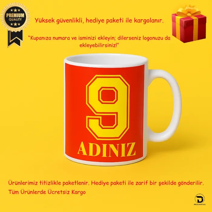 Sarı Kırmızı 5 Yıldızlı Aslan Baskılı Taraftar Kupası – Hediye Paketli | Kişiye Özel İsim, Forma Numarası & Logo
