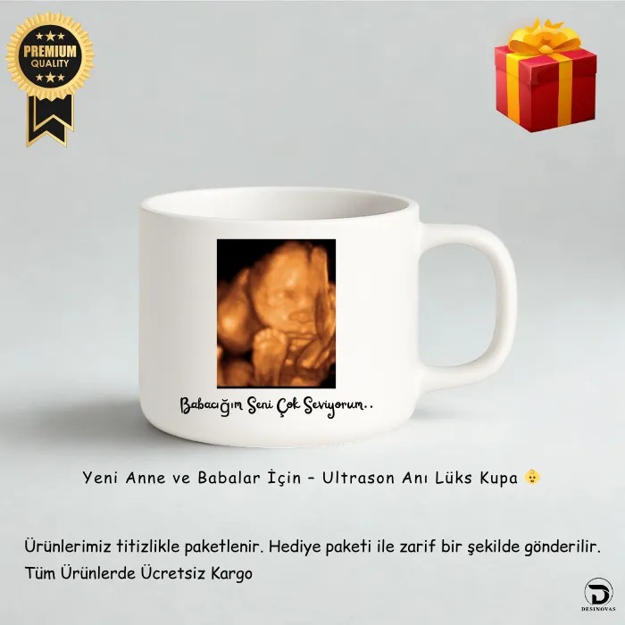 Taze Anne Babalara Özel Ultrason Görüntülü Beyaz Lüks Kupa Fincan – Premium Kutuda