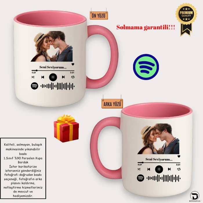 Spotify Kodlu Pembe Kupa Bardak – Hediye Paketli, Full HD Baskı & Solmama Garantili