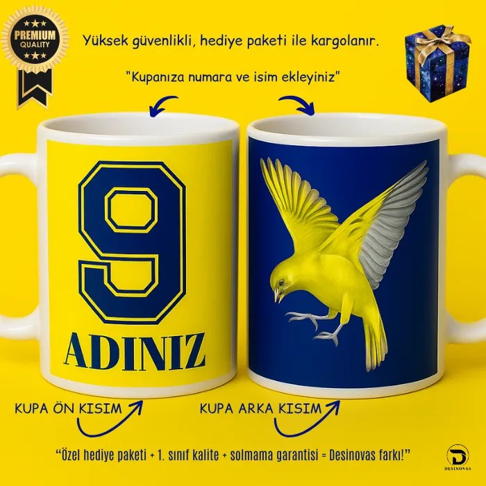 Sarı Lacivert Kanarya Taraftar Kupası | Hediye Paketli & 1. Kalite