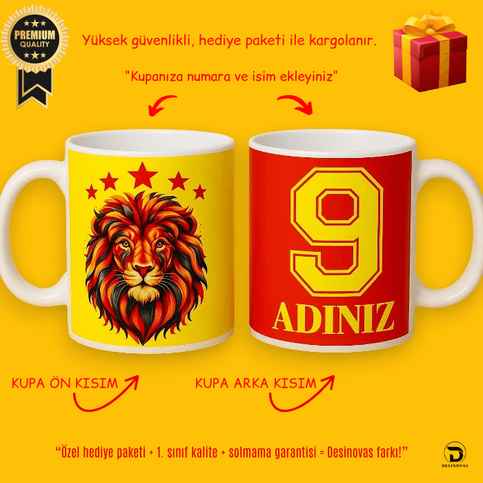 5 Yıldızlı Aslan Baskılı Sarı-Kırmızı Kupa – Kaliteli Hediye Paketli Kişiye Özel İsim & Numara