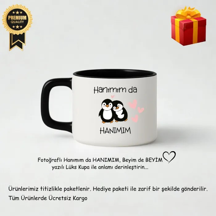 Hanım da Hanım, Beyimde Beyim Yazılı Siyah İçli & Kulplu Lüks Kupa Fincan – Hediye Paketli