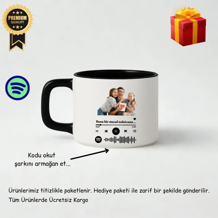 Babalar Günü’ne Özel Lüks Spotify Kodlu Kupa Fincan – Siyah İçli & Kulplu – Premium Hediye Kutusunda