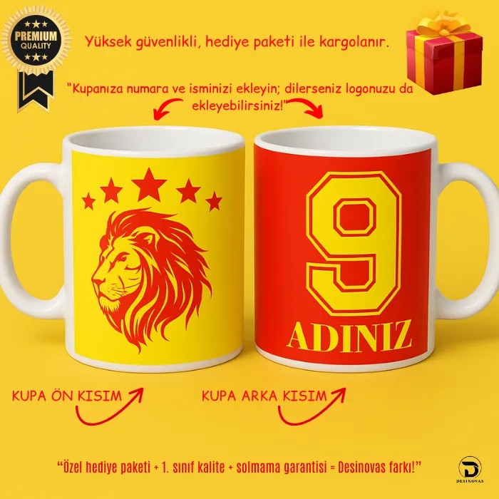 Sarı Kırmızı 5 Yıldızlı Aslan Baskılı Taraftar Kupası – Hediye Paketli | Kişiye Özel İsim, Forma Numarası & Logo